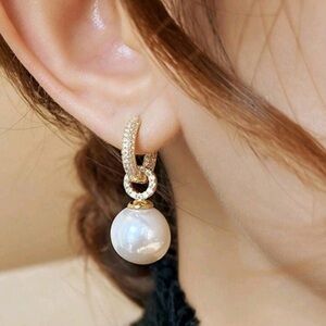 NEW! 14K Gold Plated Elegant Pearl & Diamond Accents Hoop Earrings